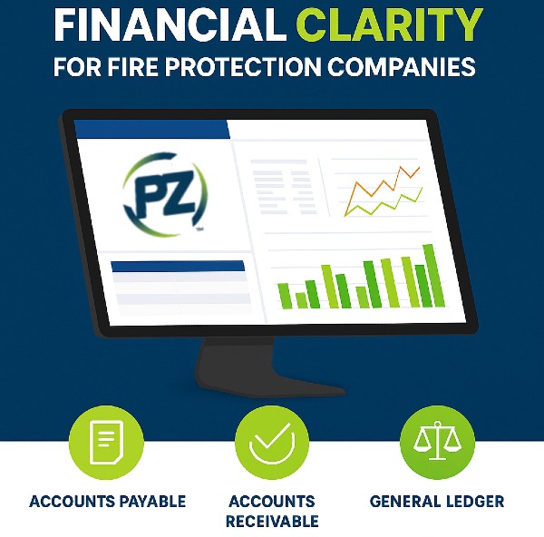 Header image showing key PZ financial tools: Accounts Payable, Accounts Receivable, and General Ledger, with dashboard graphic