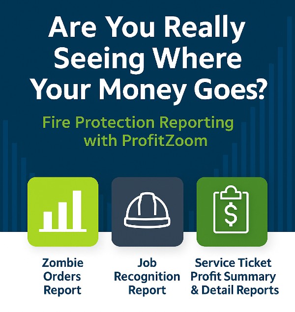 ProfitZoom reporting overview showing three key reports: Zombie Orders, Job Recognition, and Service Ticket Profit Summary