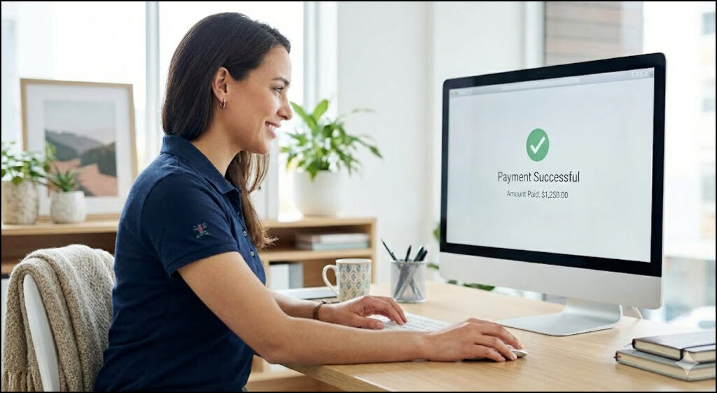Fire protection invoicing workflow showing secure ACH payments, credit card processing, and automated billing