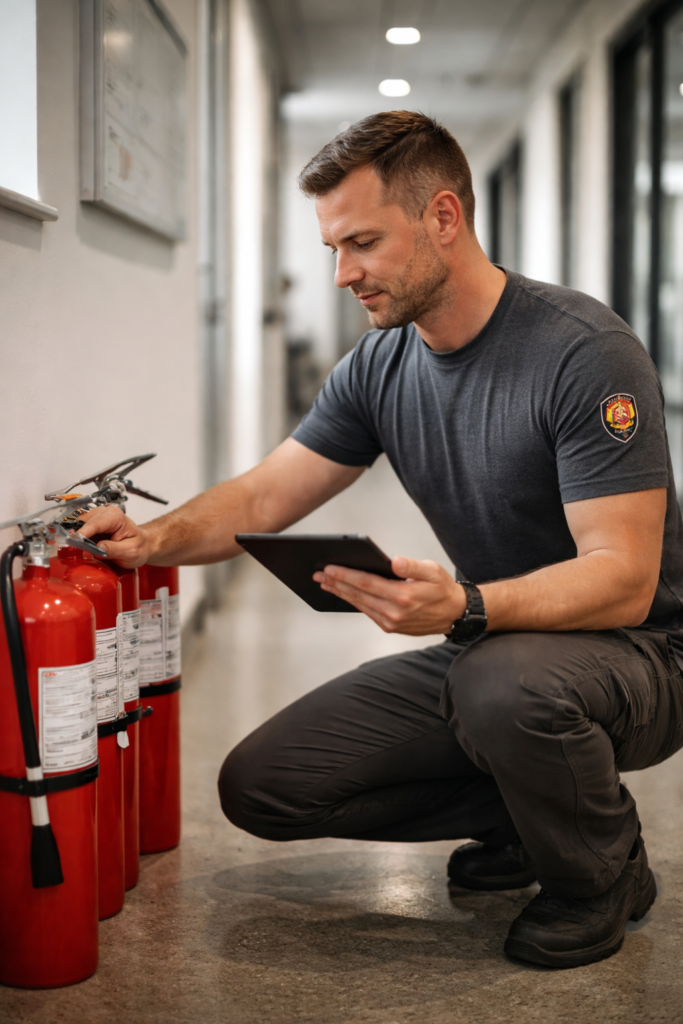 Fire protection technician performing portable extinguisher inspection