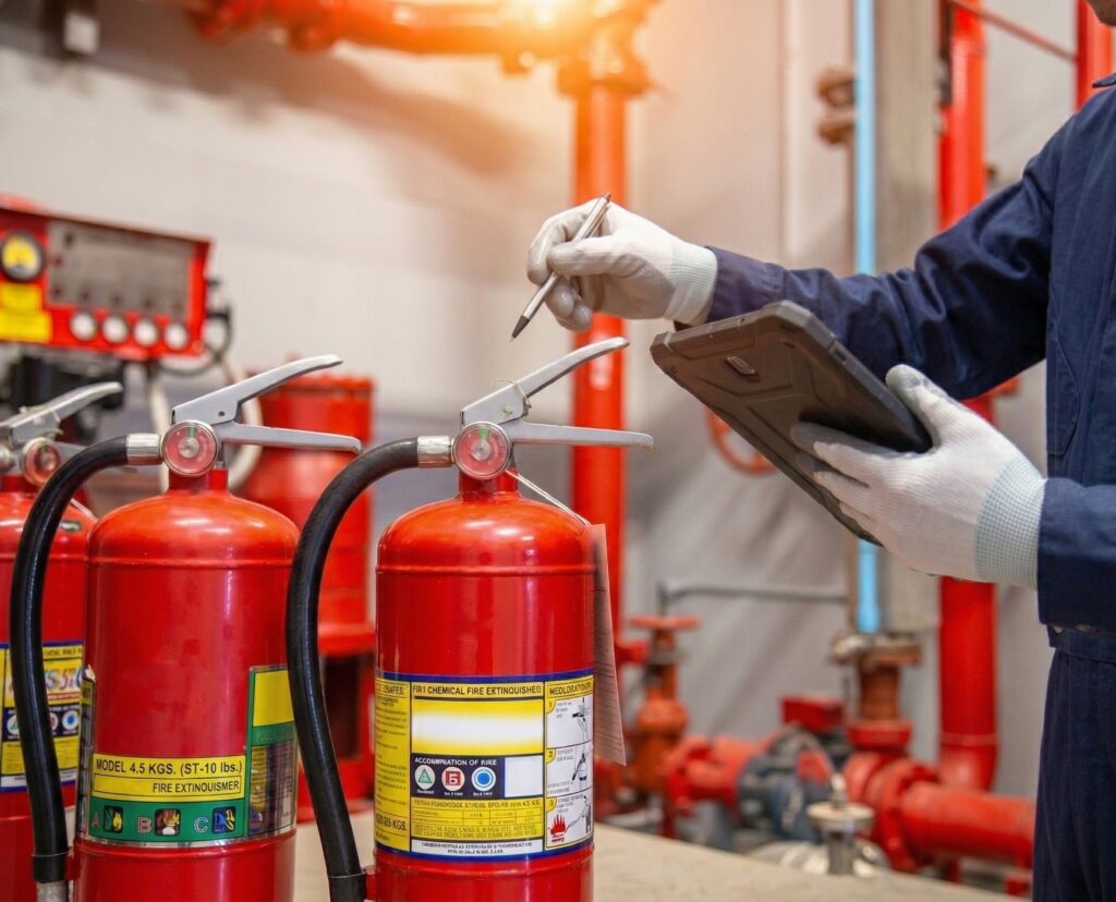 Technician efficiently performing a high-volume fire extinguisher inspection in a large industrial warehouse corridor.
